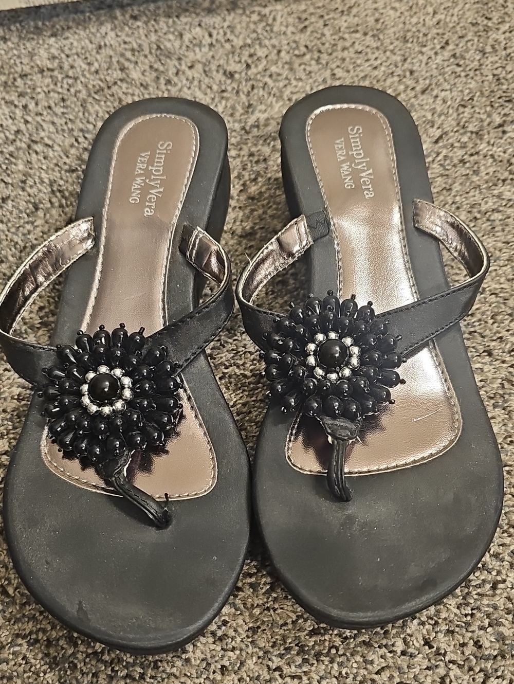 Simply Vera Vera Wang Black Beaded Floral Thong Sandals